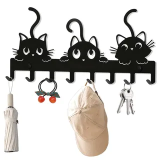 Tarqite Schlüsselbrett mit 8 Haken, Modern Metall Schlüsselhalter Katzenform, Schwarz Schlüsselleiste, Katze Schlüsselaufhänger Wanddeko für Küche Schlafzimmer Wohnzimmer Badezimmer Eingänge