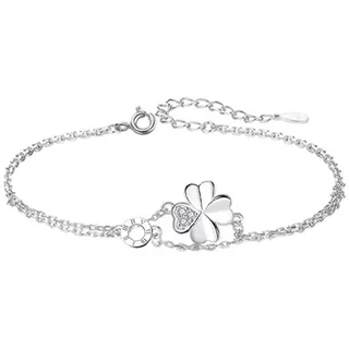 Belons Damen Armband Kleeblatt 925 Sterling Silber Zirkonia Vierblättrige Kleeblatt Charm Armband Mädchen Armkette Armkettchen Kinder Fußkettchen (Silber)