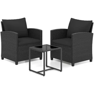 FANTASK Rattan Gartenmöbel 3er Set, Balkonmöbel inkl. 2 Rattanstühle & Gartentisch aus PE-Rattan, Gartenlounge Set mit abnehmbaren Kissen, Outdoor Sitzgruppe für Garten Pool (Schwarz-Schwarz)