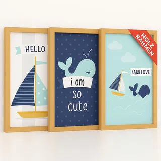 KINDERBILDER MIT HOLZRAHMEN | AUFHÄNGFERTIG | Bilder Kinderzimmer Deko Junge Babyzimmer Deko Mädchen Jungen Baby Zimmer Dekoration Kleinkinderzimmer Poster 3er Set Wandbilder A4 30x21 - KB04