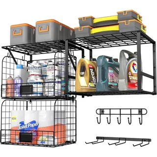 Qustikuri 3 Pack Garage Regale Heavy Duty Garage Lagerung mit Drahtkörbe Waschküche Regale Wandregale mit Haken Werkzeug Veranstalter für Schuppen Garten Küche Organisation und Lagerung