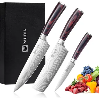 Hochwertiges Messerset Küchenmesser Set 3-tlg aus Carbon Edelstahl Ultra Scharfes Messer Set mit Chefmesser Profi Kochmesser mit Pakkaholz Griff