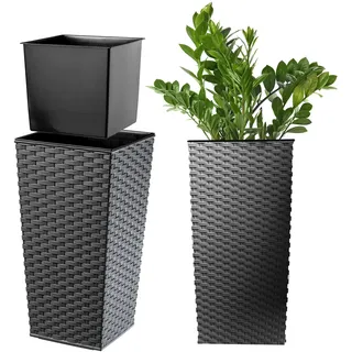 KADAX Pflanzkübel mit Innentopf, Höhe 36.5cm, 18x18cm, ca. 6L – Rattan-Optik Grafit, Frostsicherer Blumentopf für Innen & Außen, Garten, Balkon & Terrasse, UV-beständig, wetterfest
