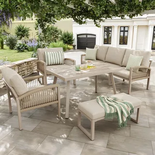 Flieks Gartenmöbel-Sets 5-tlg. für 6-7 Personen, Gartenloungeset Loungegartenmöbelset mit Tisch und Abnehmbaren Kissen, Terassenmöbel-Set Beige - Beige