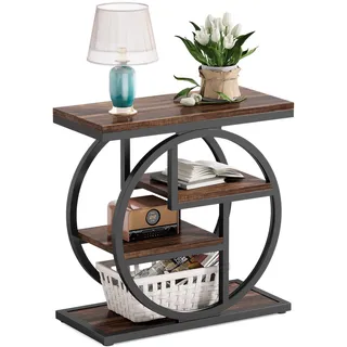 1Easylife End Table with 4 Shelves, Wood Narrow Beside Table with Storage, Farmhouse Slim Nightstand, Skinny Side Table for Small Spaces, Living Room, Bedroom, Home Office, Brown