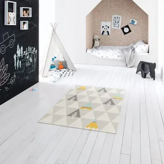 Kinderteppich, Rechteckiger Kurzflor Teppich, ideal für Kinderzimmer - Spielzimmer, pflegeleicht - schmutzabweisender Teppich, Tipis, 100% Polypropylen, 120x170 cm, Beige - Grau