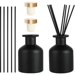 2 Stück Diffusorflaschen – Glas Diffusorflaschen – Mit 12 Duftstäbchen und Verschluss – Für Raumduft und Aromatherapie – Ideal für Zuhause, Büro, DIY Ersatz (Schwarz)