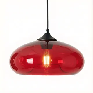 HJXDtech Einflammige Pendelleuchte mit Bunt Glas Lampenschirm, Vintage-Industriedesign, E27 Dekorative Hängelampe für Kücheninsel, Esstische, Esszimmer und Wohnzimmer(Rot)
