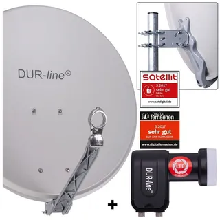 Dur-Line Select 60cm/65cm Spiegel/Schüssel Hellgrau + Twin LNB - für 2 Receiver/TV [Neuste Technik, DVB-S2, 4K, 3D]