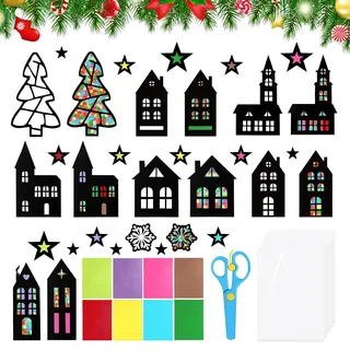 CPKONUUIP 15 Weihnachten Basteln Fensterbilder, fensterbilder weihnachten basteln, Bastelset kinder, Haus,Weihnachtsbaum, terne, Bunte Deko, für DiY Fenster Deko