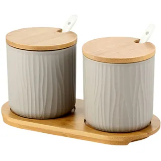 OnePine 2er Set Keramik Gewürzdosen Zuckerdose Keramik Zucker Schüssel mit Löffel und Bambus Deckel für Tee Zucker Salz Gewürze Bei Zuhause und Küche