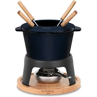 h.koenig La Fonderie 1890 Fondue-Set aus Gusseisen für 4 Personen Mont d'Arbois, für Käse- und Schokoladenfondues, spritzfester Deckel, 4 Gabeln mit Buchenholzgriffen, Kapazität 1,2 L