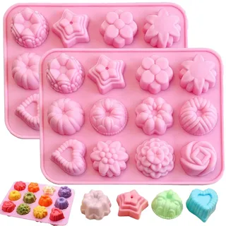 YOUYIKE 2 Stück Mini Gugelhupfform, Mini Backform Gugelhupfformen - 12er Silikon Muffinblech Backformen mit Antihaftbeschichtung für Muffins, Cupcakes, Brownies, Kuchen, Pudding Rosa