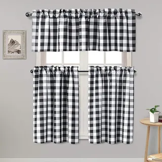Hiasan Küchen-Vorhänge, halbtransparent, Büffelmuster, lichtfilternd, kariert, Stufen- und Volant-Fenstervorhänge-Set, Schwarz und Weiß, 3-teilig