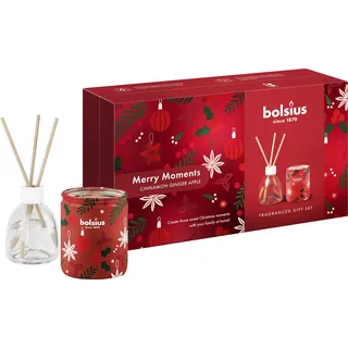 Bolsius Geschenkset - Merry Moments - Duftkerze und Raumduft mit dem warmen Duft winterlicher Gewürze - Natürliche und vegane Pflanzenwachskerze - Ohne Palmöl