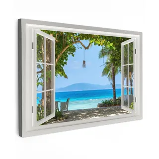 MuchoWow Leinwandbild Aussicht - Baum - Meer - Palme - Hügel - Strand - Blau Wanddeko 90x60 cm , Textil , Kiefer , Rechteckig , 90x60 cm , FSC 100% , gerahmt , Bilder & Rahmen, Bilder, Leinwandbilder