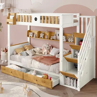 Ball & Cast Hochbett (90x200cm) Kinderbett mit 4 Spinden in der Treppe, Einzelbett mit Geländer und 2 Schubladen, Weiß+Natur