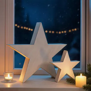 2x Dekofigur Stern "Shabby" aus Holz, weiß, Ø 20 + 35 cm, Weihnachtsdeko Holzstern, Winterdeko - Weiß