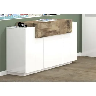 Dmora - Kommode Renzo, Küchen-Sideboard mit 4 Türen, Wohnzimmer-Buffet, 100 % Made in Italy, 140 x 45 x 86 cm, glänzendes Weiß und Ahorn,