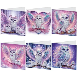 SHEGZHUC 6er Set Diamond Painting Grußkarten Set Eulen Lila Herz Diamond Painting Karten Geburtstagskarte Dankeskarte Segensgrußkarte Feiertagskarten Stickerei Kreuzstich Diamant Malerei Geschenk