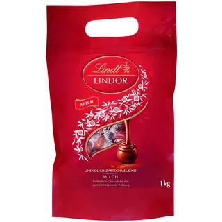 Lindt LINDOR Schokoladen Kugeln Vollmilch | 1 kg Beutel, wiederverschließbar | 78 Schokoladen Kugeln | Milch-Schokolade mit zartschmelzender Füllung | Großpackung | Pralinen-Geschenk
