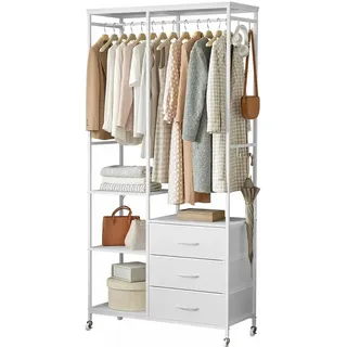 Mintnook Stabiler Kleiderschrank, verstellbare Regale, Haken, White | Kleiderständer auf Rollen,Verstellbare Regale,Einfache Montage,Stabil & standfest,Multifunktionale Aufbewahrung