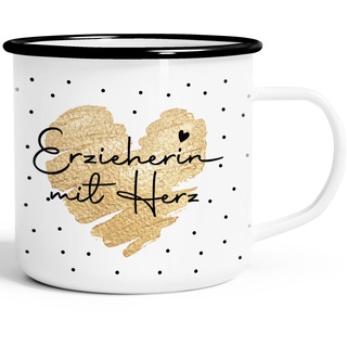 SpecialMe® Emaille-Tasse Herz Danke Geschenk Lieblingsmensch Alltagsheld Berufe Spruch Schrift Emaillebecher Erzieherin mit Herz weiß-schwarz Emailletasse