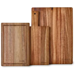Kuppels Schneidebrett Holz 3er Set 3 NICE SLICE DICE, massives Akazienholz | Holzschneidebrett-Serie als Küchenbrett und Servierbrett, nachhaltig, pflegeleicht, klingenschonend, mit Griff und Saftrille