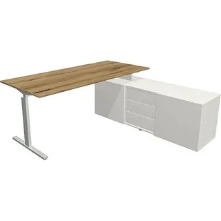 Kerkmann Schreibtisch Form 2 180x80x74 cm m. Sideboard 160x50x58 cmT-Fuß Alusilber asteiche - Silber, Braun