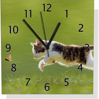 Wallario Design Wanduhr Süße Katze fängt Schmetterling im Grünen aus Aluverbund, Größe 30 x 30 cm - Grün