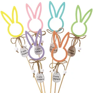 Valery Madelyn 6X Osterdeko Blumenstecker, Bunte Hasen aus Holz, Niedliche Hasenköpfe Gartenstecker für Ostern Frühlingsdeko, 5x28cm