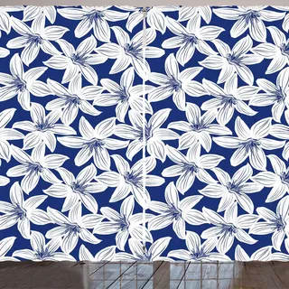 ARANDE Marine Gardine, Tropische Hibiskus Hawaiianische Blumen Exotisches Wiederholendes Muster, 280 x 245 cm, Weiß Dunkelblau - Weiß