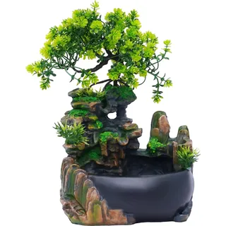 Tischbrunnen - Feng-Shui Felslandschaft Wasserfall - Mini - Harz - Für Zuhause & Büro - Grün