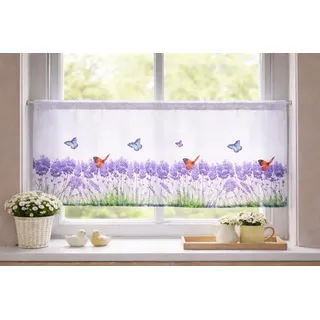 KAMACA Hochwertige Bistrogardine 50x120 cm – Farbenfrohe Schmetterlinge & Hyazinthen – Blickdichter, Fester Stoff für optimalen Sichtschutz – Transparente und Pflegeleichte Scheibengardine