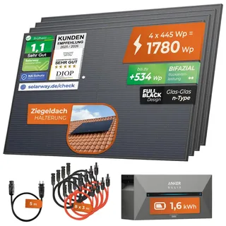 Solarway® 1780Wp / 800W Balkonkraftwerk mit 1,6 kWh Speicher komplett Steckdose - 1,6 kWh Anker SOLIX 2 PRO Speicher