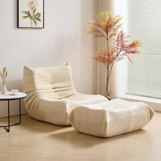 STILVORA Indoor-Sitzsack Schlafsofas Lazy Sofa mit Rückenlehne, faltbarer Einzelsofa mit Hochelastischer Schwammrahmen, mit Fußstütze, Beige - Beige