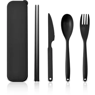 Groß Besteck Set, 1 Person Camping Besteck mit Koffer, Kunststoff Reisebesteck Löffel Messer Gabel Essstäbchen Etui, Tragbares dunkles Utensilien Set für Erwachsene Outdoor(Schwarz)