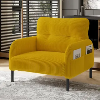 MODFU Relaxsessel Posterstuhl mit praktische Seitentasche,Loungesessel Einsitzer mit Armlehnen,Polstersessel aus Cord,Gelb - Gelb