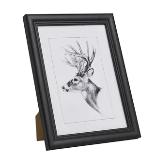 Woltu Bilderrahmen DIN A4, Fotorahmen aus Massivholz und PS-Platte, Holzrahmen mit Passepartout, zum vertikalen oder horizontalen Aufhängen/Aufstellen, Posterrahmen Collage Wanddeko, Schwarz