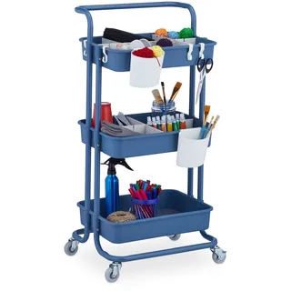 Relaxdays Rollwagen, 3 Etagen, Allzweckwagen, Hobby, Büro, Bad, Küchenwagen HBT 86x43x42 cm, Metall & Kunststoff, blau