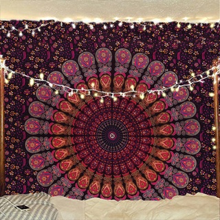 Bless International, Indischer Wandbehang im psychedelischen Hippie-, Bohemien-, Pfauen-, Mandala-Look, Wandteppich, Betttuch, Gold, Rosa, Blau, Größe M, 137 x 152 cm