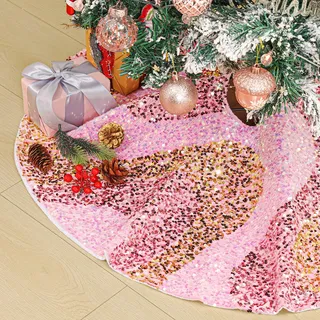 Lewondr Weihnachtsbaum Rock, 91CM Pailletten-Weihnachtsbaumkleid Großer Glitzer-Weihnachtsbaumrock, Vintage Weihnachtsbaum Dekoration für Wohnung Dekoration Party Geschäft, Rosa