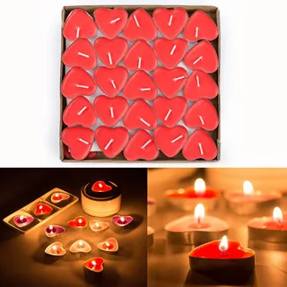 Gearmax 50 Stück Herzförmige Romantische Teelichter, Herz Kerzen Romantik, Teelichter Set Romantische Hochzeit Herz Kerzen für Hochzeiten, Beichten, Partys, Geburtstage (Rot)