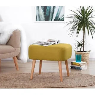 Atelier Del Sofa Stilvoller gelber Pouf, 50 x 43 x 42 cm | 50% Baumwolle & 50% Leinen, 5 cm orthopädischer Schaumstoffkern, Holzbeine | Skandinavisches Design für Moderne Räume