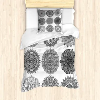 ABAKUHAUS orientalisch Mantele, Ottoman Inspired Mandala, Milbensicher Allergiker geeignet mit Kissenbezügen, 135 cm x 200 cm - 80 x 80 cm, Weiß und Schwarz - Weiß