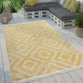 Moderner Outdoor Teppich Rauten-Muster Vintage-Look Flachgewebe Wetterfest Grösse 200 cm Rund - Gelb