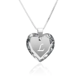 Kette Damen 925 Silber, SWAROVSKI ELEMENTS Herzanhänger Farbe Crystal Silber Buchstabengravur" L", Herzkette als Geschenk für die Frau, Freundin oder zum Valentinstag