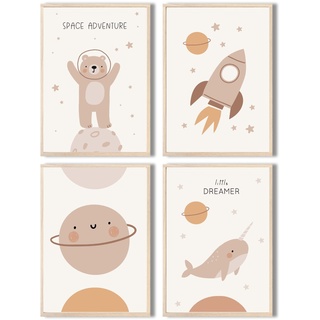 MeinBaby123 Poster Kinderzimmer | 4er Set DIN A4 | Wandbilder | Kinderzimmer Poster | Deko Bilder Kinderzimmer | Astronauten | Babyzimmer Deko (V5 Süße Tiere - Astronauten)