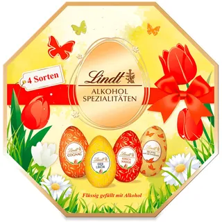 Lindt Schokolade | Alkohol-Spezialitäten-Eier Box | 216g | Feinste Schokoladeneier mit flüssiger Alkohol-Füllung in edler Geschenkbox | Osterschokolade für Erwachsene | Geschenkidee zu Ostern