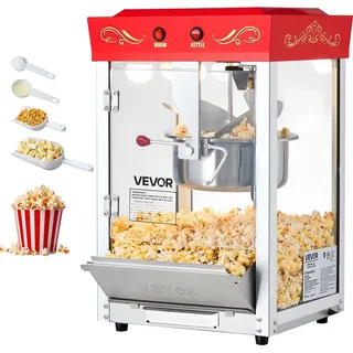 Vevor Popcornmaschine mit Edelstahlkessel, 800 W kommerzieller Popcornmaker, 48 Tassen pro Ladung, Kinostil, mit 2-Tasten-Bedienung, Glaswand, PC-Tür, 1 Portionierer, 3 Löffel, Rot